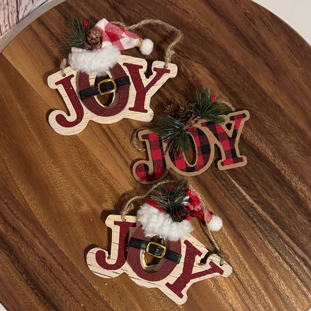 Rustic JOY Holiday Ornaments - Red and White